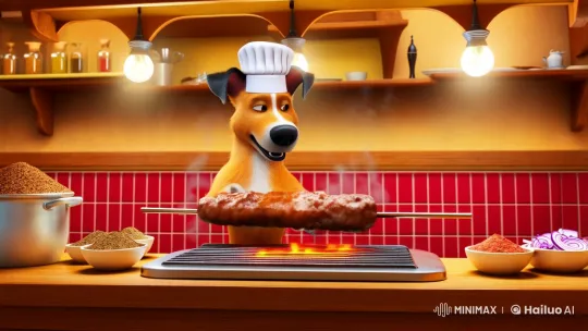 Surreal Canine Chefs Craft Kebabs in Aesthetic Film – AI Generated Video | Hailuo AI