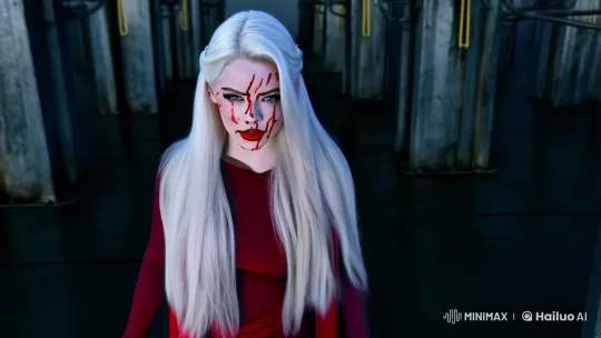 Stylishly Scarred Woman Navigates Industrial Labyrinth – AI Generated Video | Hailuo AI