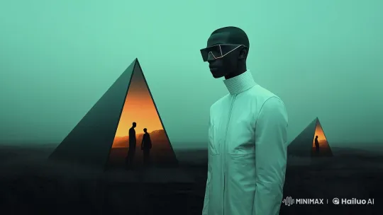 Surreal Teal Landscape with Figure and Glowing Pyramids – AI Generated Video | Hailuo AI