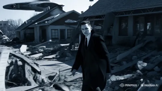 Resolute Man Amidst Ruins Under Threatening Spaceship – AI Generated Video | Hailuo AI