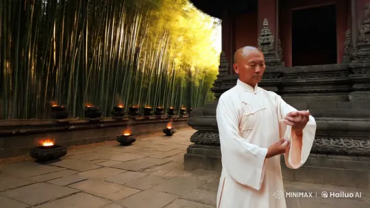 Shaolin Monk Practicing Kung Fu in Tranquil Temple Courtyard – AI Generated Video | Hailuo AI