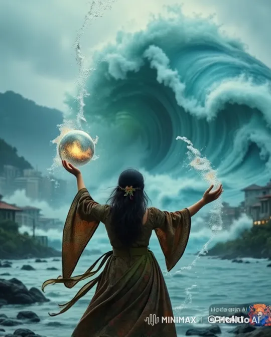 Woman Conjures Fireball to Meet Ocean Wave in Live2D Animation – AI Generated Video | Hailuo AI