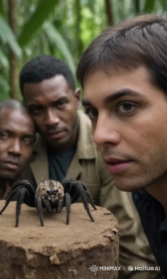 Jungle Encounter: Men Observe Curious Spider – AI Generated Video | Hailuo AI