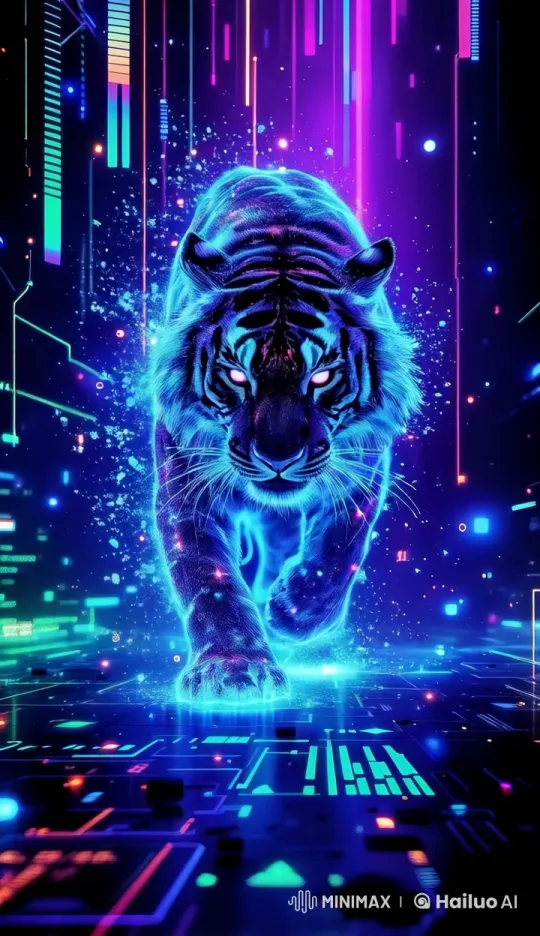 Neon Tiger in Futuristic Cyberpunk Cityscape – AI Generated Video | Hailuo AI