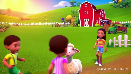 Children and Lamb Bond on Sunlit Farm – AI Generated Video | Hailuo AI