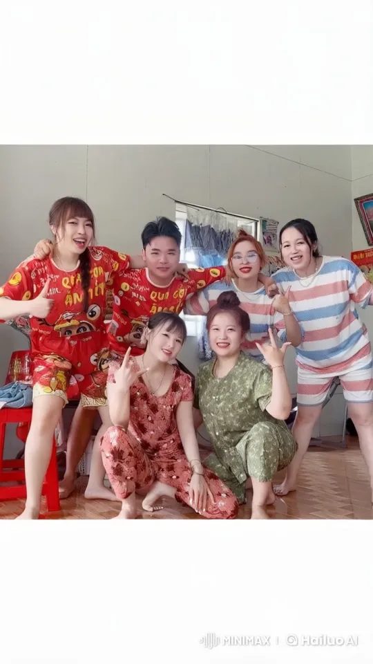 Energetic Friends Pose for Joyful Photo – AI Generated Video | Hailuo AI