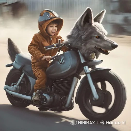 Futuristic Wolf-Headed Motorcycle Ride by Child – AI Generated Video | Hailuo AI