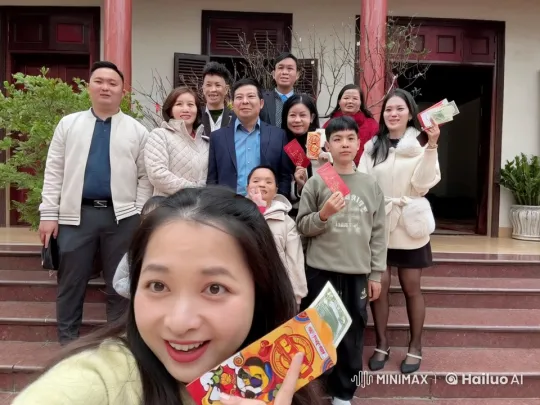 Winter Gathering with Red Envelopes at Traditional Building – AI Generated Video | Hailuo AI