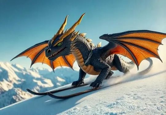 Dragon Skis Down Snowy Mountain in Majestic Flight – AI Generated Video | Hailuo AI