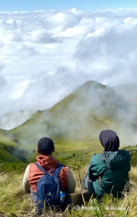 Hikers Experience Joyful Flight Over Clouds and Green Hills – AI Generated Video | Hailuo AI