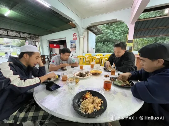 Five Men Enjoy Meal, Discuss animatedly at Outdoor Restaurant – AI Generated Video | Hailuo AI