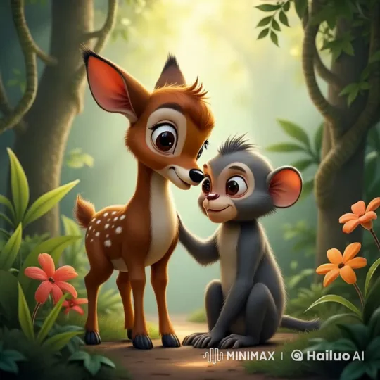 Deer and Monkey's Peaceful Forest Chat – AI Generated Video | Hailuo AI