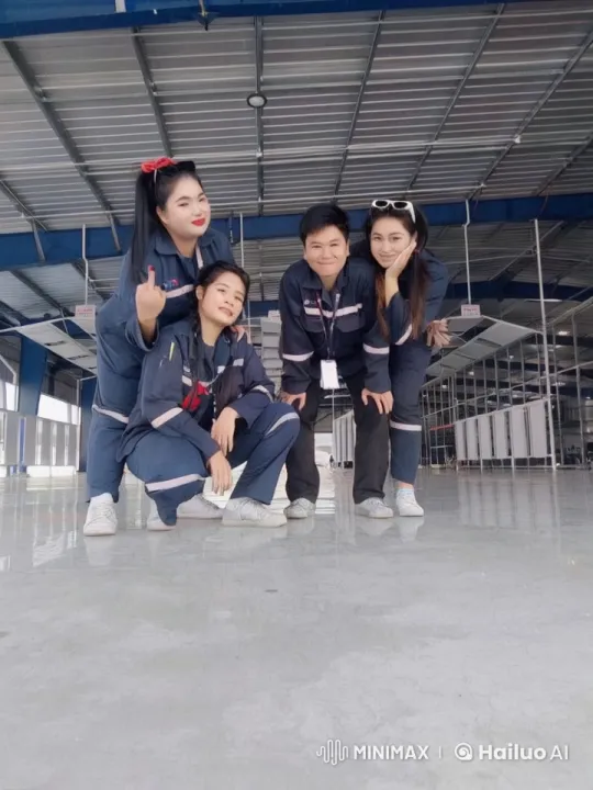 Industrial Team Poses Cheerfully in Spacious Setting – AI Generated Video | Hailuo AI