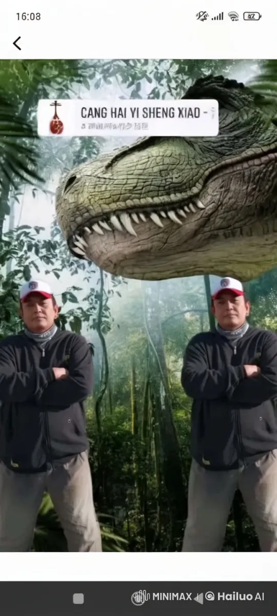 Men Face Off with Dinosaur Head in Lush Jungle – AI Generated Video | Hailuo AI