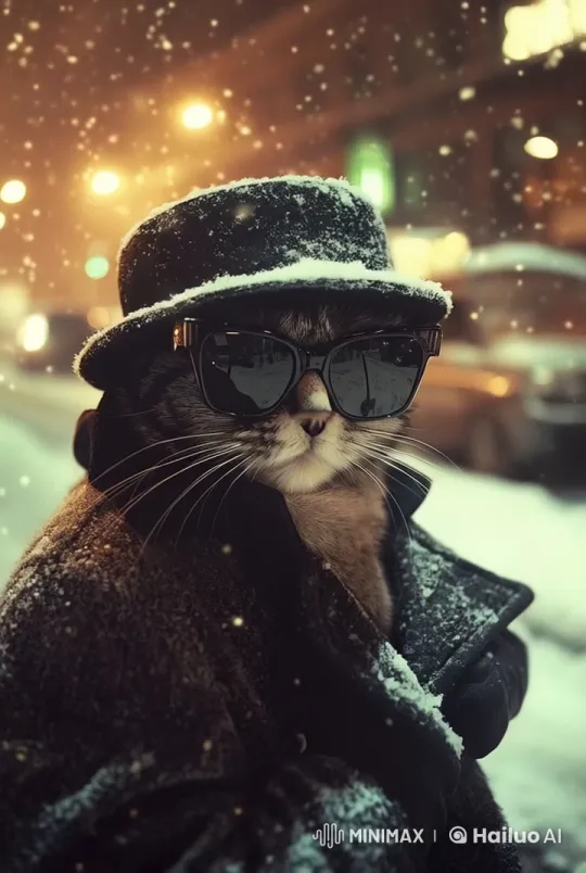Stylish Walker Navigates Serene Snowy Urban Night – AI Generated Video | Hailuo AI