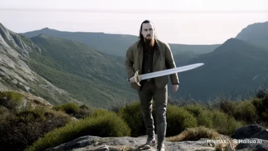 Mountain Walk: Man with Sword in Solemn Landscape – AI Generated Video | Hailuo AI