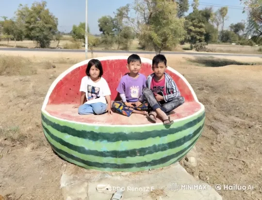 Children Play on Watermelon-Shaped Bench – AI Generated Video | Hailuo AI
