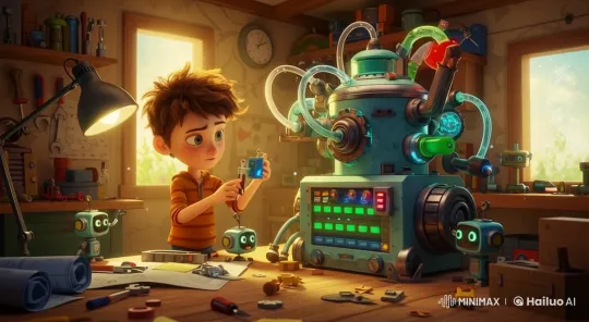 Boy Enjoys Finalizing His Invention in Workshop – AI Generated Video | Hailuo AI