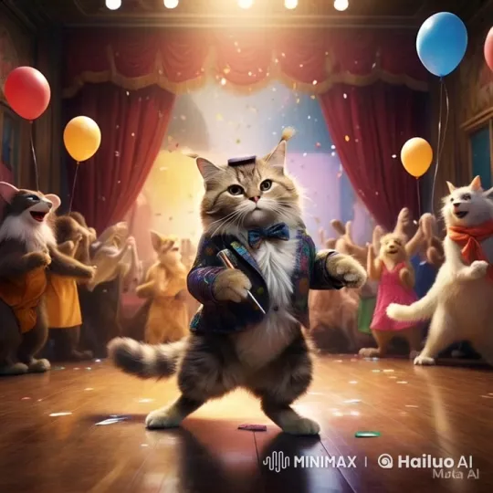 Cat Leads Festive Animal Dance in Colorful Hall – AI Generated Video | Hailuo AI