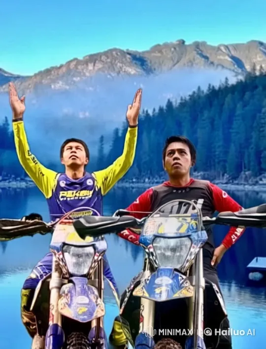 Motocross Riders Engage in Kung Fu Duel Against Scenic Backdrop – AI Generated Video | Hailuo AI