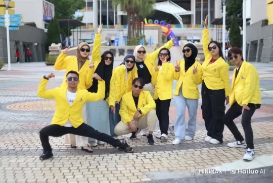 Friends Celebrate with Kung Fu Poses in Matching Yellow Blazers – AI Generated Video | Hailuo AI