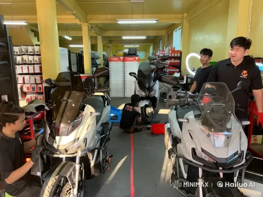 Motorcycle Workshop: Men Engage in Intense Martial Arts – AI Generated Video | Hailuo AI