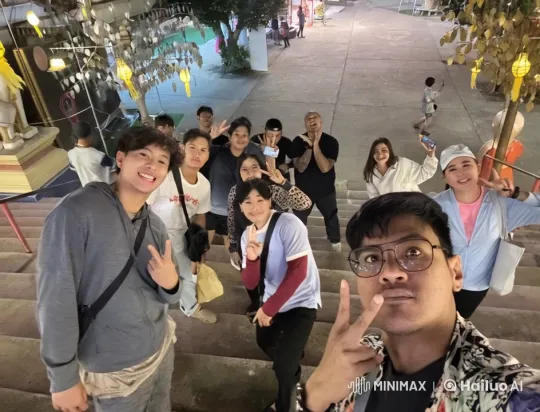 Thai Friends Celebrate with Dance at Decorated Temple – AI Generated Video | Hailuo AI
