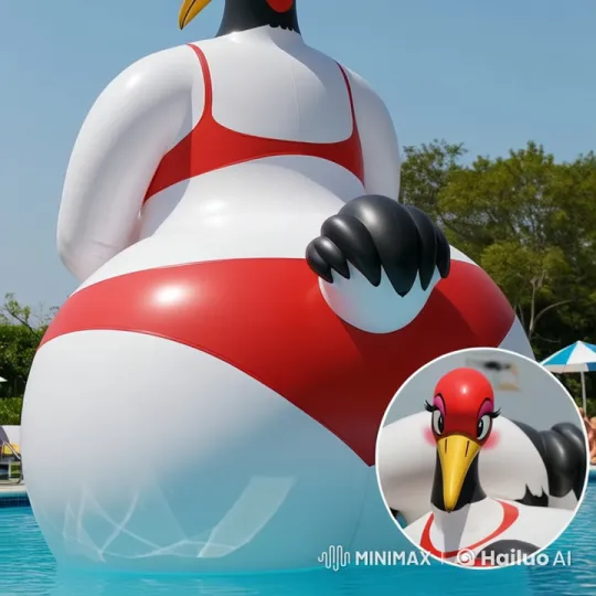 Anthropomorphic Crane Inflatable Deflates Poolside – AI Generated Video | Hailuo AI