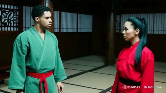 Traditional Kung Fu Duel in Dimly Lit Dojo – AI Generated Video | Hailuo AI