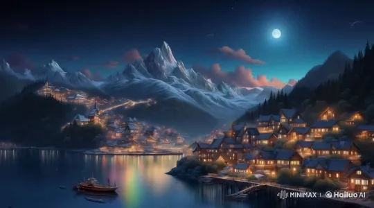 Enchanted Winter City: Nighttime Serenity Under Snowy Peaks – AI Generated Video | Hailuo AI