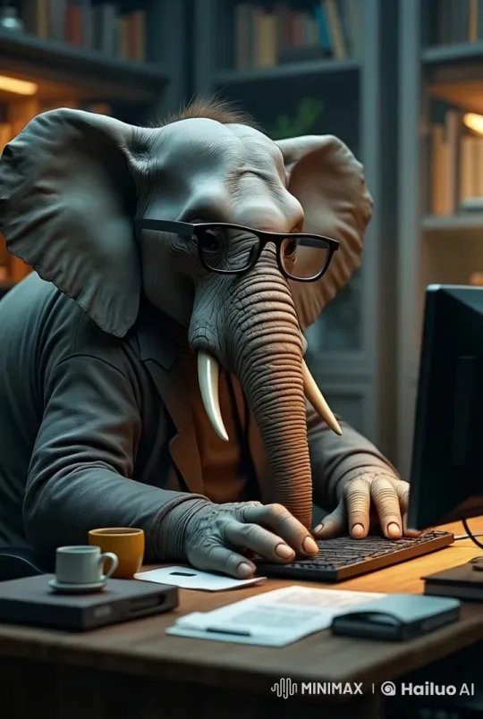 Anthropomorphic Elephant Working Diligently at Office Desk – AI Generated Video | Hailuo AI
