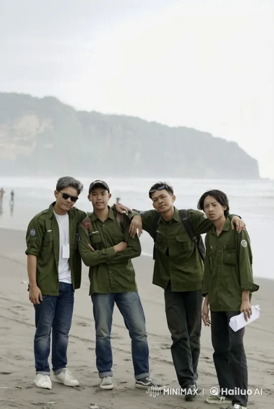 Four Men Practice Kung Fu on a Beach with Mountainous View – AI Generated Video | Hailuo AI