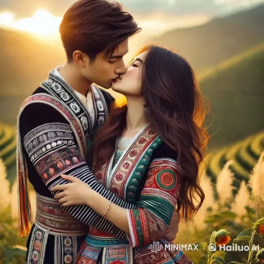 Romantic Couple Embraces in Golden-Lit Terraced Field – AI Generated Video | Hailuo AI