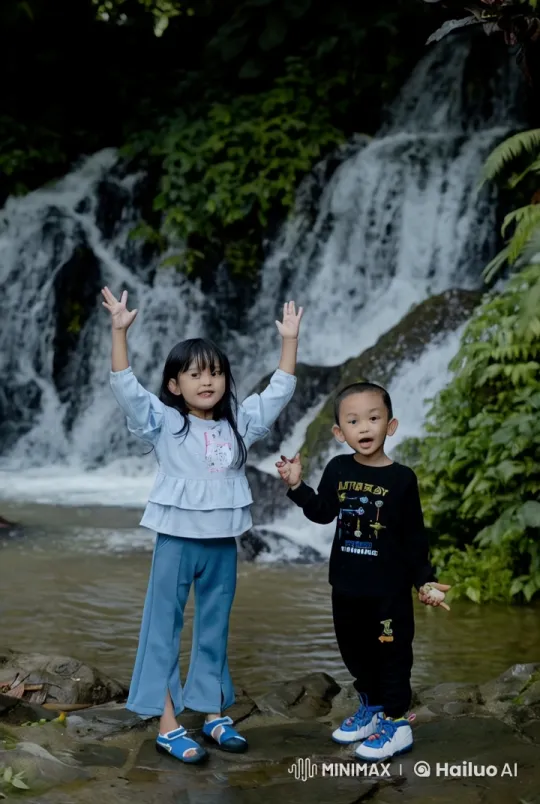 Children Perform Playful Kung Fu Near Waterfall – AI Generated Video | Hailuo AI