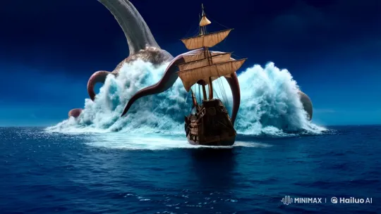 Colossal Octopus Engulfs Pirate Ship in Turbulent Seas – AI Generated Video | Hailuo AI