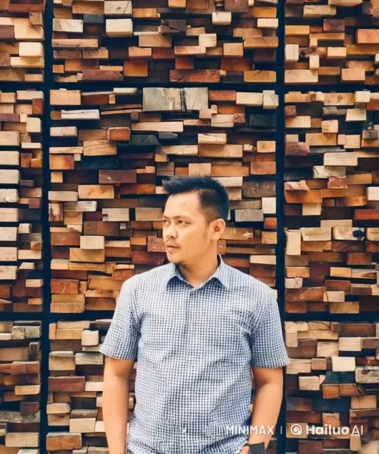 Man in Checkered Shirt Stands by Artistic Wooden Wall – AI Generated Video | Hailuo AI