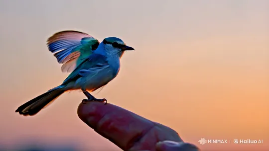 Feathered Creature Gracefully Perched on Human Finger – AI Generated Video | Hailuo AI