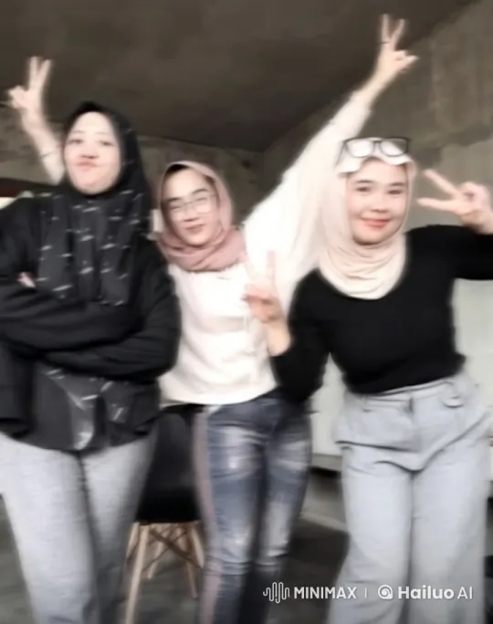 Three Friends Celebrate with Peace Signs Indoors – AI Generated Video | Hailuo AI