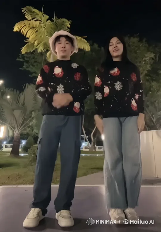 Nighttime Kung Fu Practice in Festive Sweaters – AI Generated Video | Hailuo AI