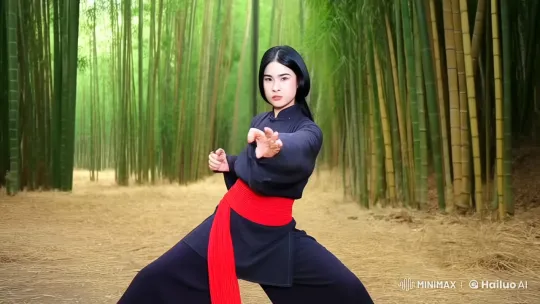 Young Woman Practicing Kung Fu in Bamboo Forest – AI Generated Video | Hailuo AI