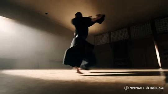 Dynamic Martial Artist Showcases Skill in Intense Dojo Sequence – AI Generated Video | Hailuo AI