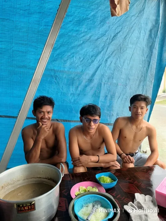 Shirtless Men Perform Kungfu in Tent Amidst Food – AI Generated Video | Hailuo AI
