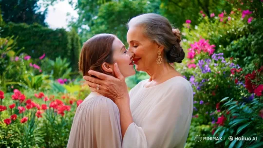 Elderly Woman and Younger Woman Share Intimate Moment in Lush Garden – AI Generated Video | Hailuo AI