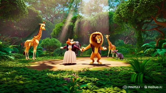 Lion and Cat Dance in Enchanted Jungle Setting – AI Generated Video | Hailuo AI