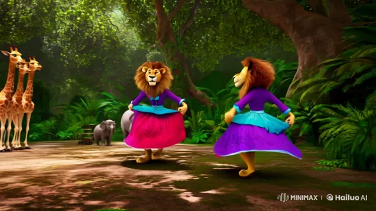 Lion and Cat Dance in Colorful Jungle Setting – AI Generated Video | Hailuo AI