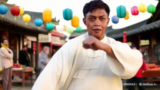 Kungfu Hustle: Traditional Fighter Showcases Skills in Bustling Market – AI Generated Video | Hailuo AI