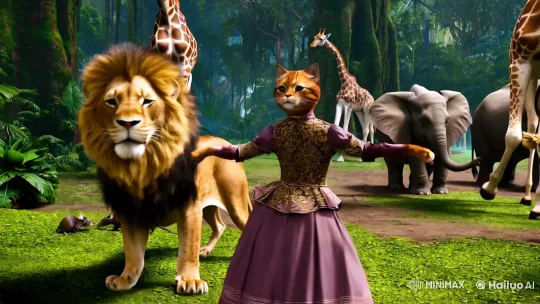 Lion and Cat Dance in Ornate Dresses in the Jungle – AI Generated Video | Hailuo AI