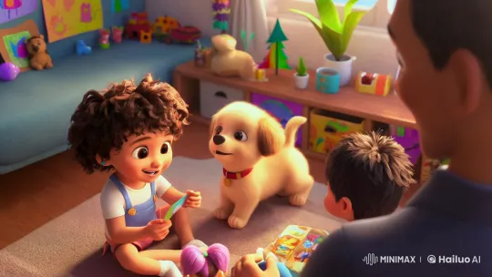Cozy Living Room: Toddler, Friends, and Playful Puppy – AI Generated Video | Hailuo AI