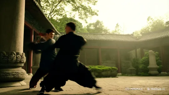 Aesthetic Kungfu Duel in Tranquil Courtyard – AI Generated Video | Hailuo AI