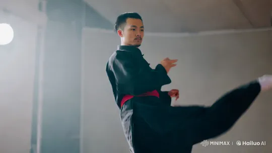 Aesthetic Kungfu Kick in Minimalist Studio Setting – AI Generated Video | Hailuo AI